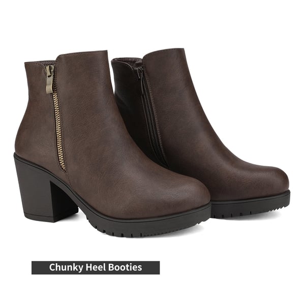 Comfortable Low Heel Chunky Ankle Boots - BROWN PU - 4